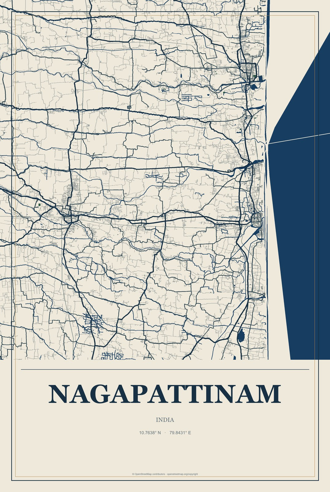 Nagapattinam, India City Map Aluminum Sign in Coastal Cutout style