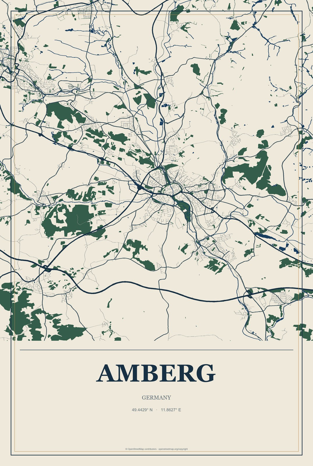 Amberg, Germany City Map Aluminum Sign in Coastal Cutout style