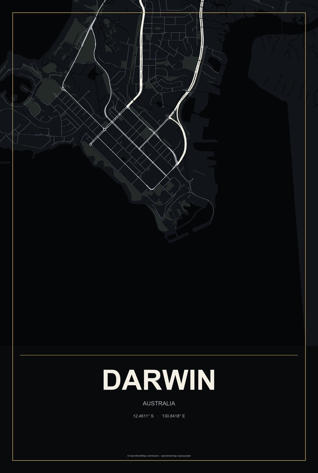 Darwin, Australia City Map Aluminum Sign in Metropolitan Noir style