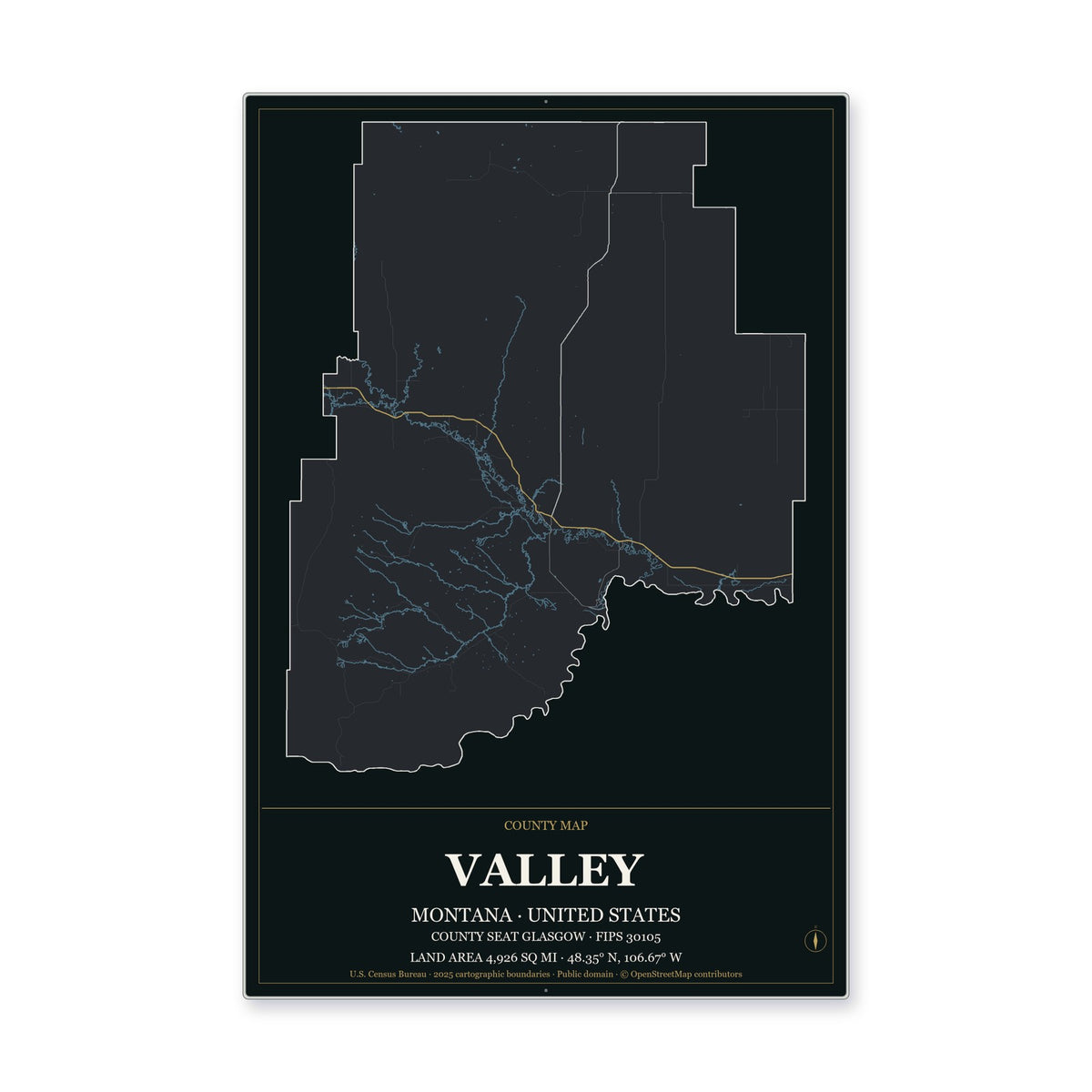 Valley County, Montana Map Aluminum Sign in Metropolitan Noir style