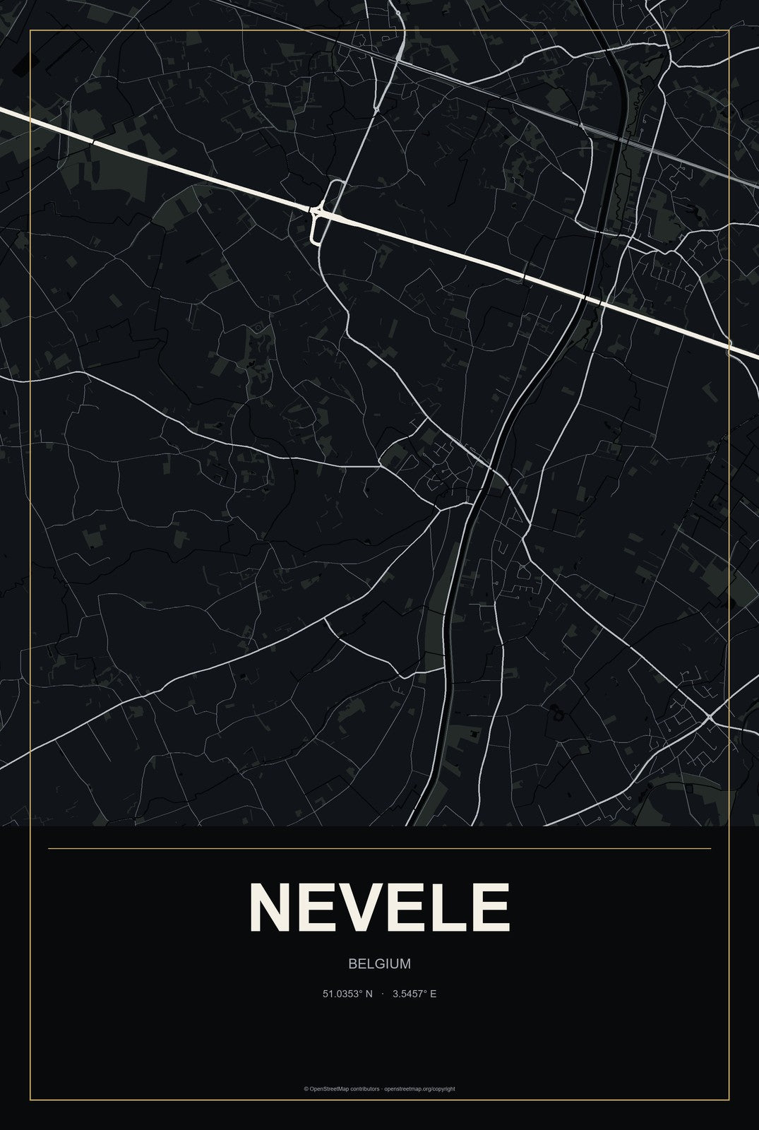 Nevele, Belgium City Map Aluminum Sign in Metropolitan Noir style