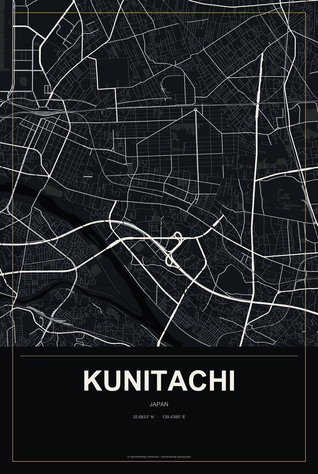 Kunitachi, Japan City Map Aluminum Sign in Metropolitan Noir style