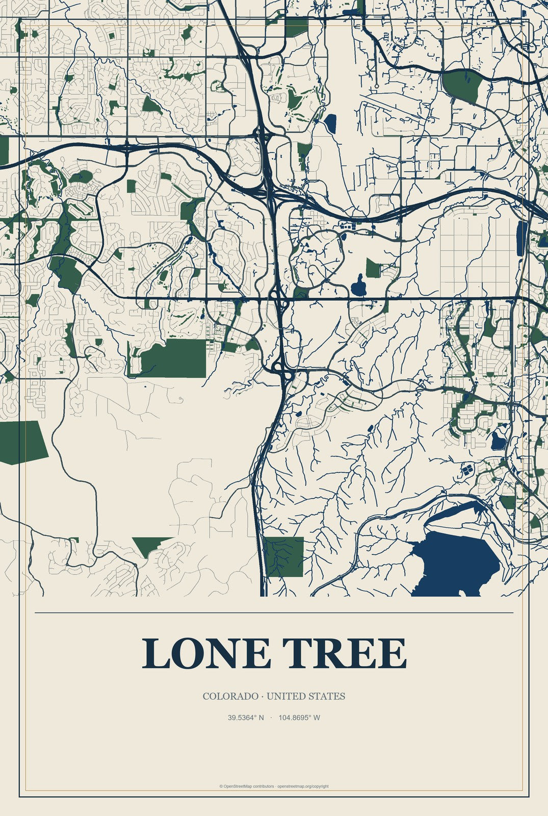 Lone Tree, Colorado City Map Aluminum Sign in Coastal Cutout style