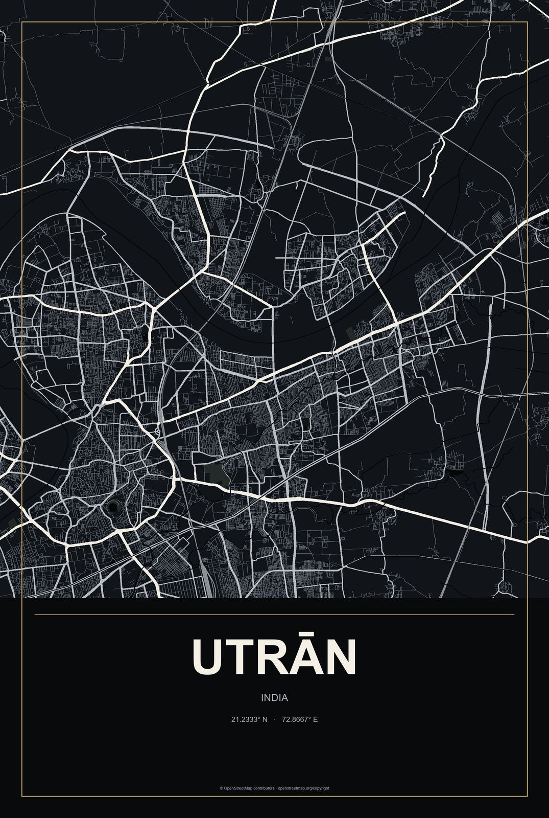 Utrān, India City Map Aluminum Sign in Metropolitan Noir style
