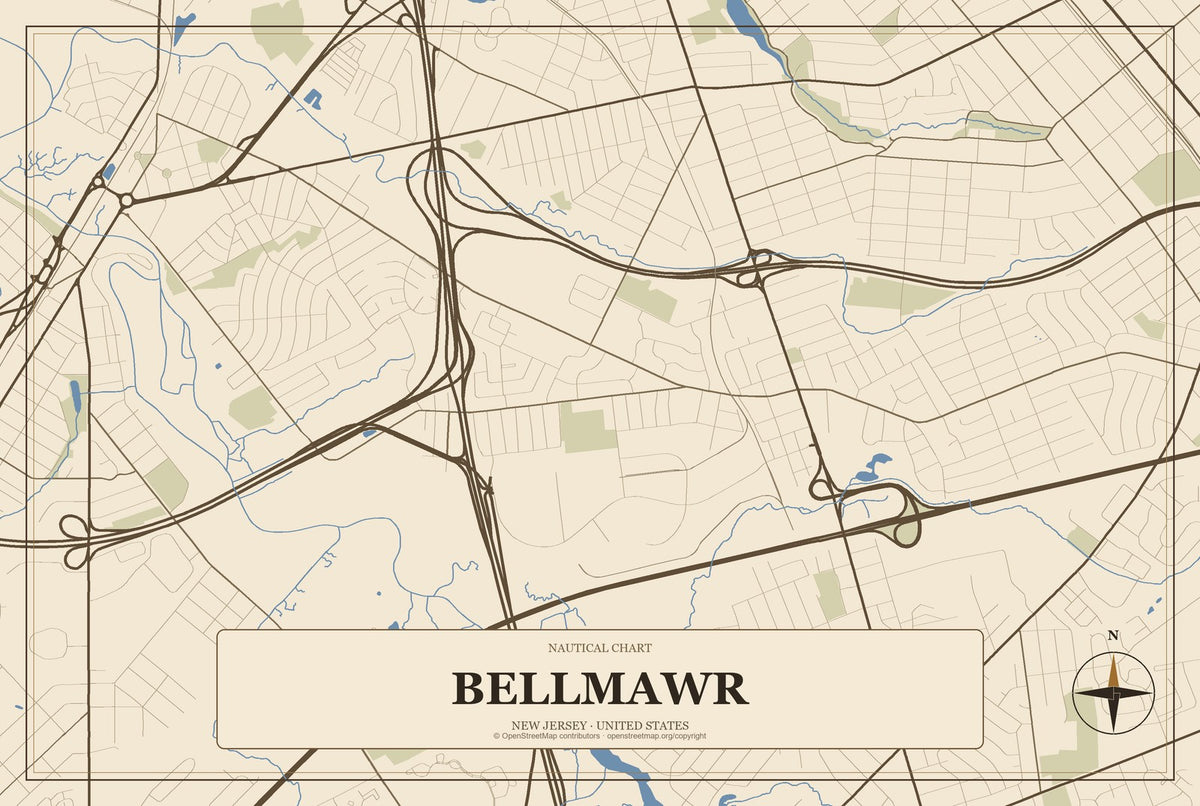 Bellmawr, New Jersey City Map Aluminum Sign in Heritage Nautical style