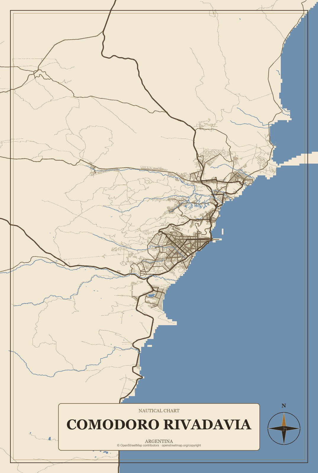 Comodoro Rivadavia, Argentina City Map Aluminum Sign in Heritage Nautical style