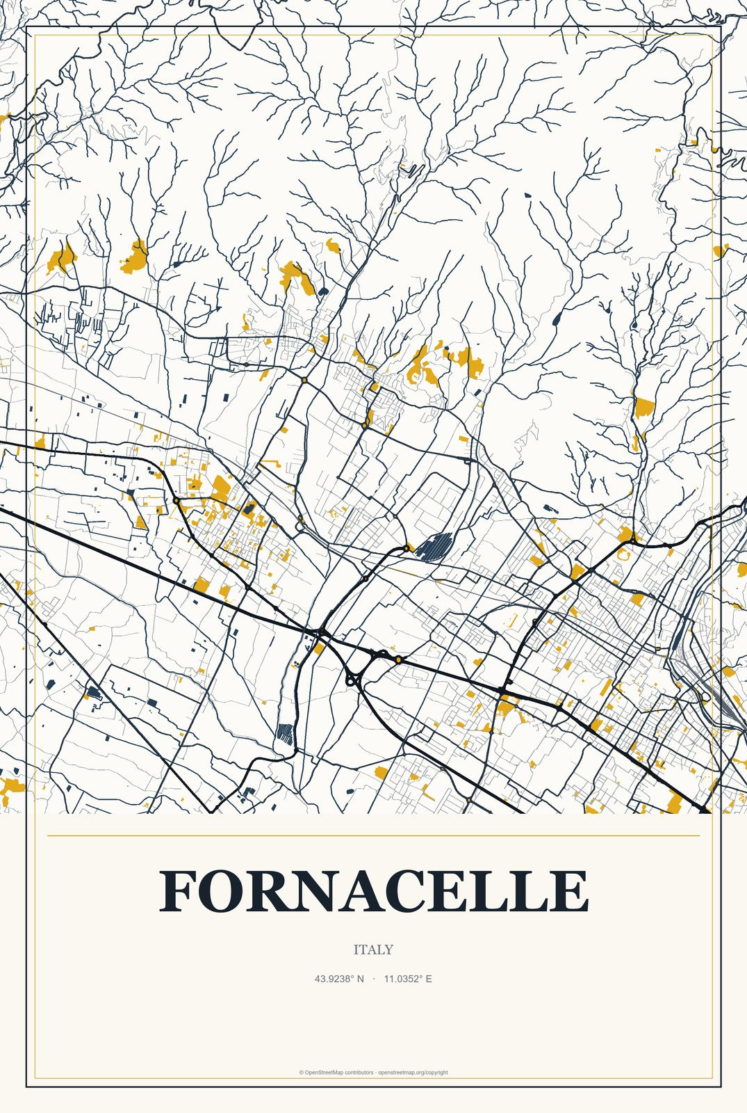 Fornacelle, Italy City Map Aluminum Sign in Citrine Modern style