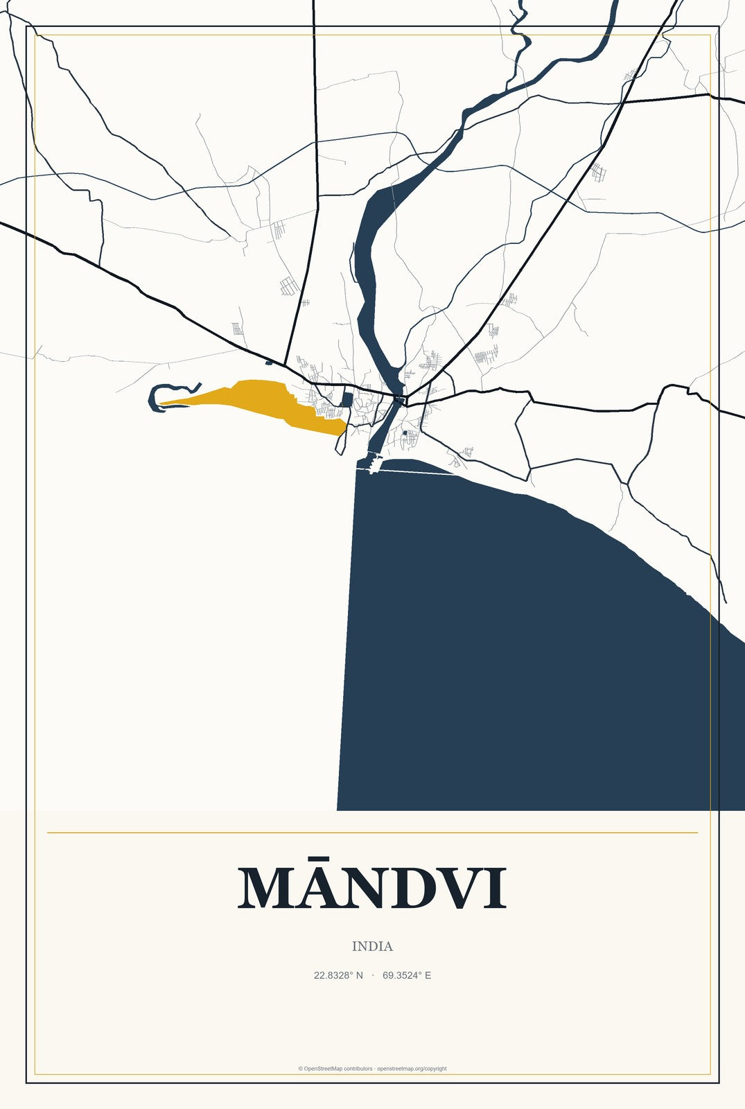 Māndvi, India City Map Aluminum Sign in Citrine Modern style