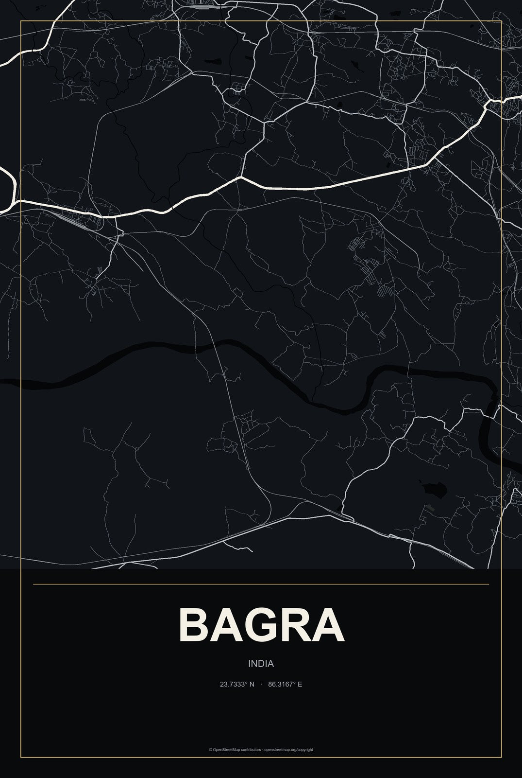 Bagra, India City Map Aluminum Sign in Metropolitan Noir style