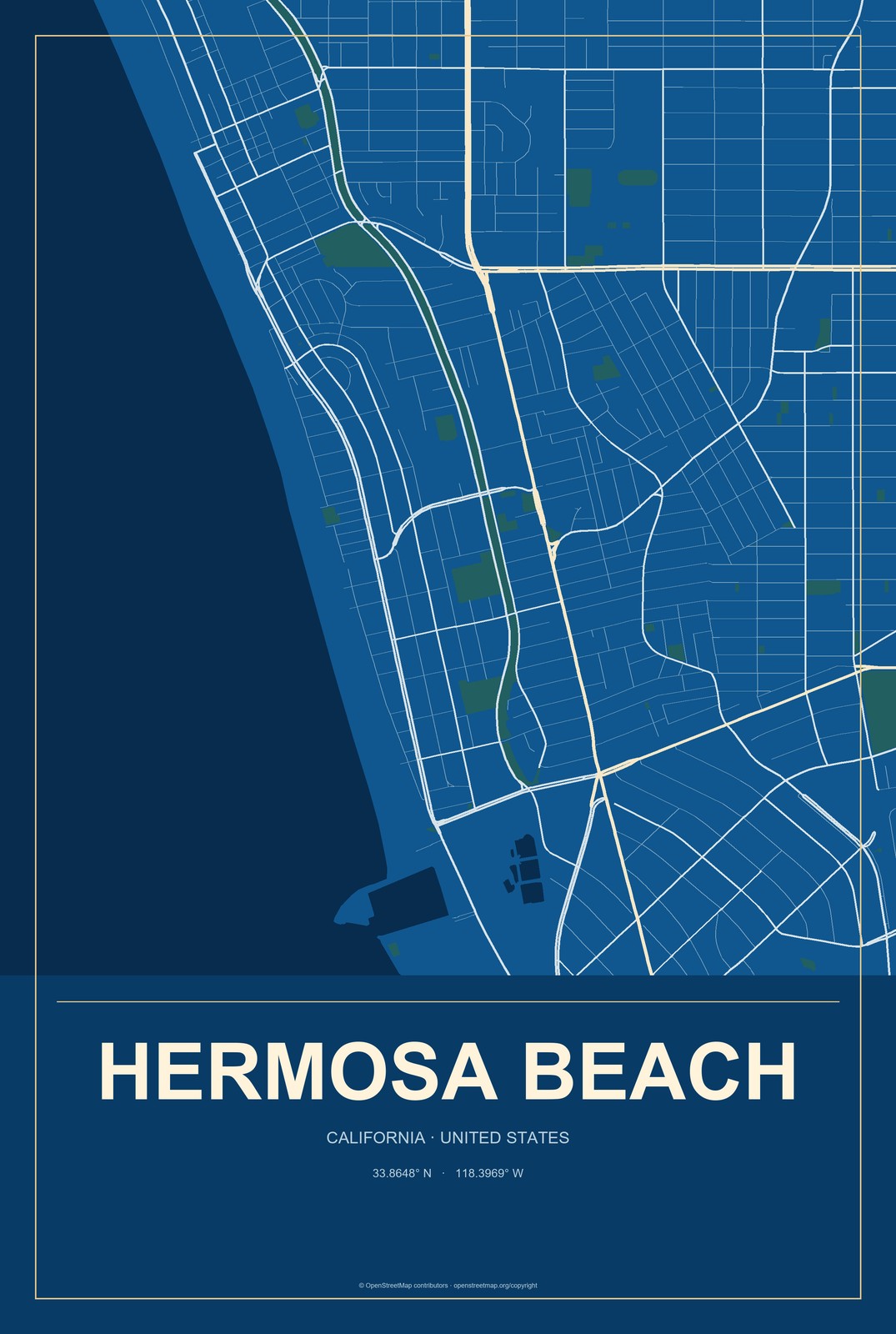Hermosa Beach, California City Map Aluminum Sign in Harbor Cobalt style