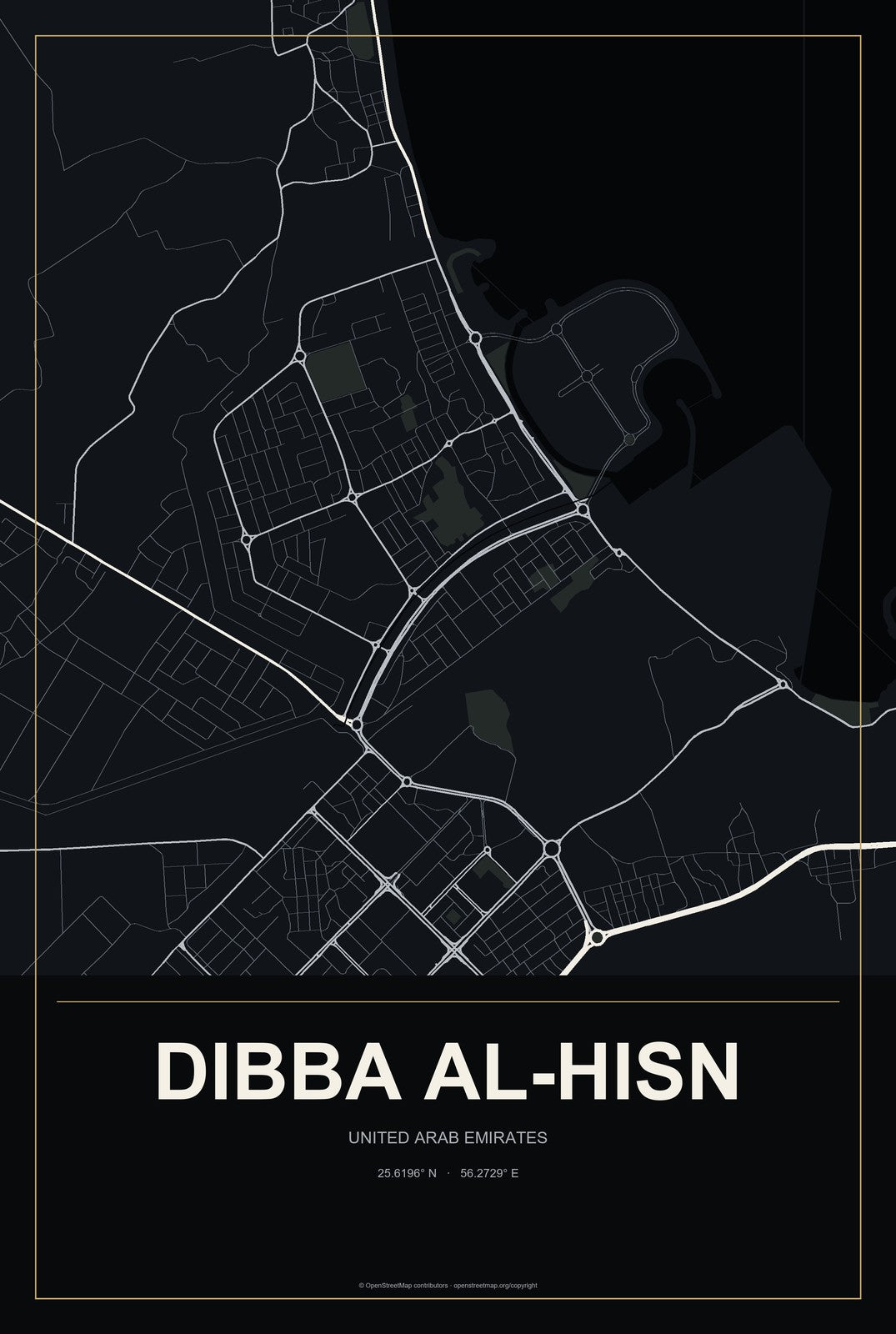 Dibba Al-Hisn, United Arab Emirates City Map Aluminum Sign in Metropolitan Noir style