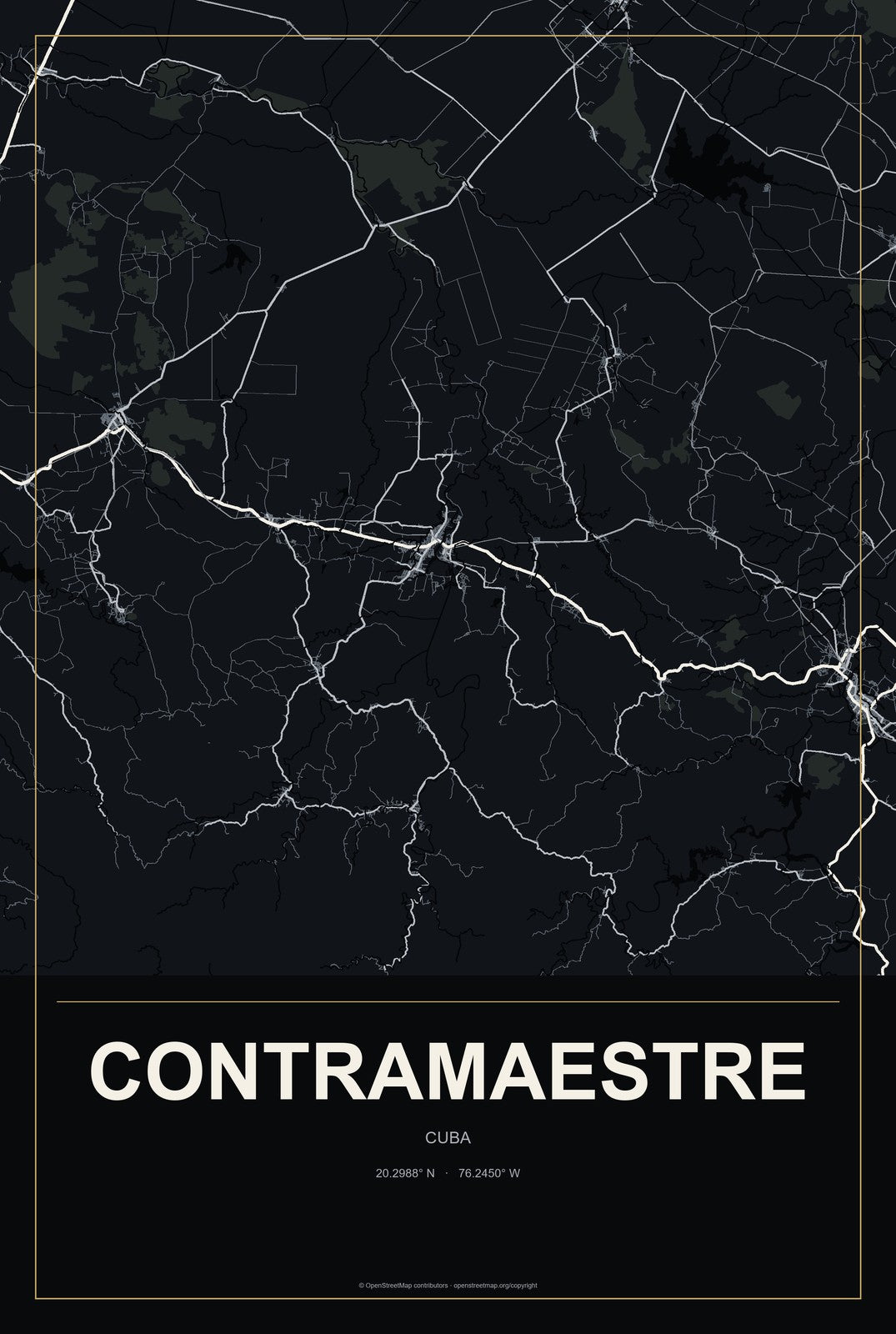 Contramaestre, Cuba City Map Aluminum Sign in Metropolitan Noir style