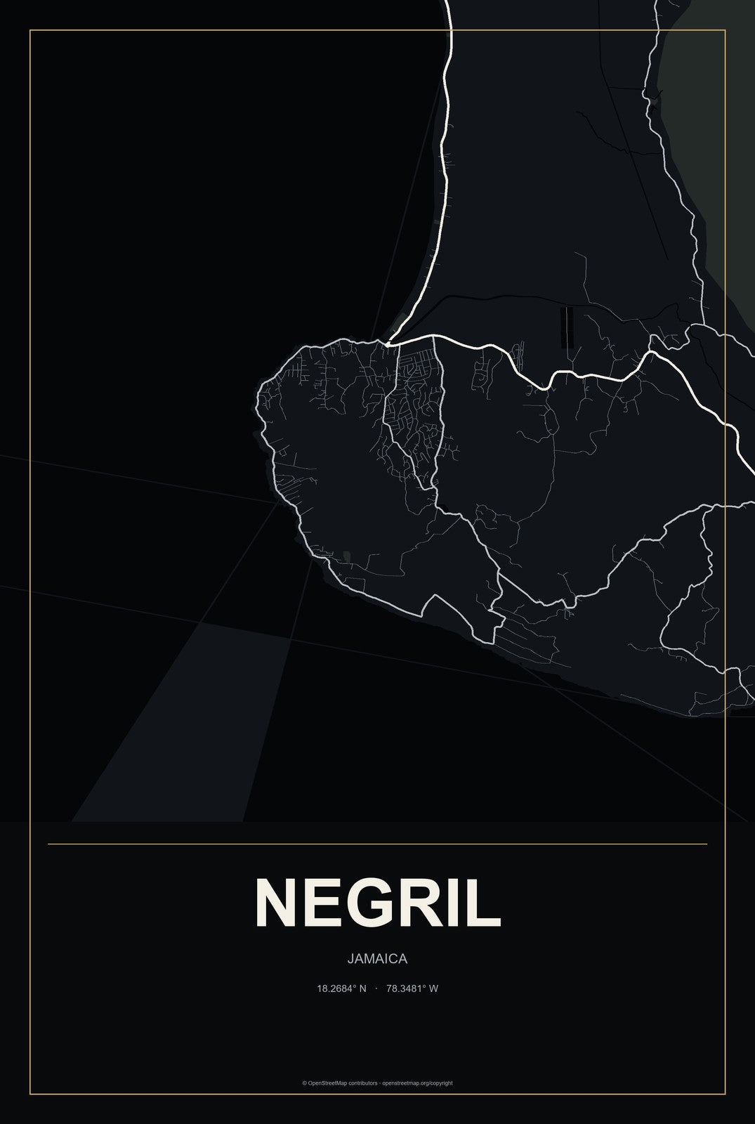Negril, Jamaica City Map Aluminum Sign in Metropolitan Noir style