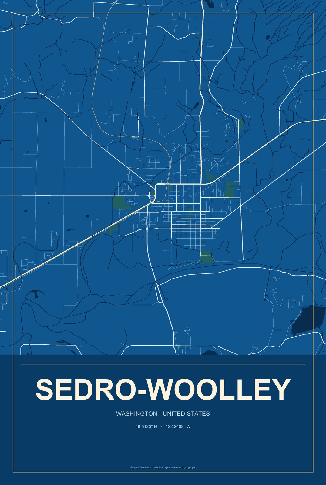 Sedro-Woolley, Washington City Map Aluminum Sign in Harbor Cobalt style