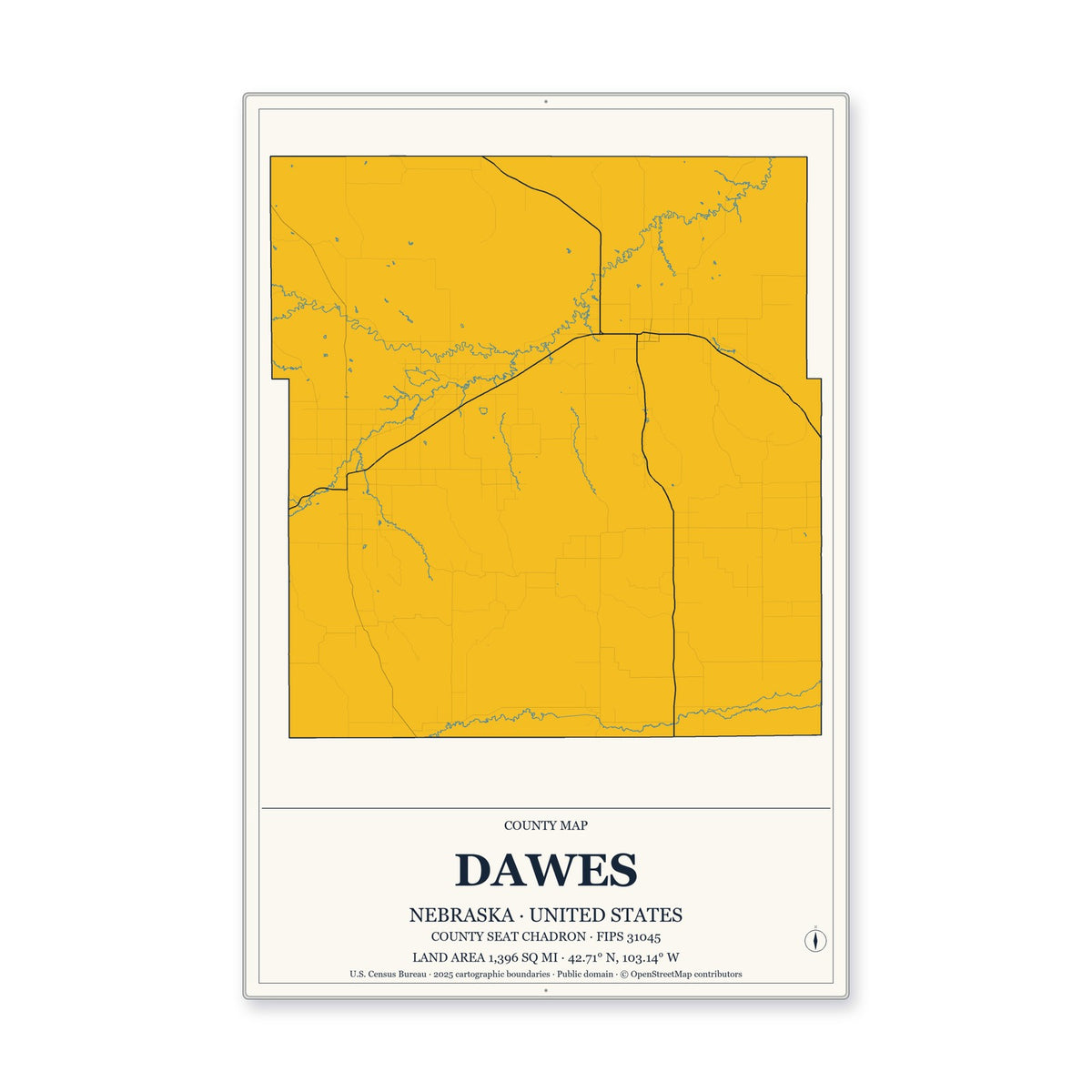 Dawes County, Nebraska Map Aluminum Sign in Citrine Modern style