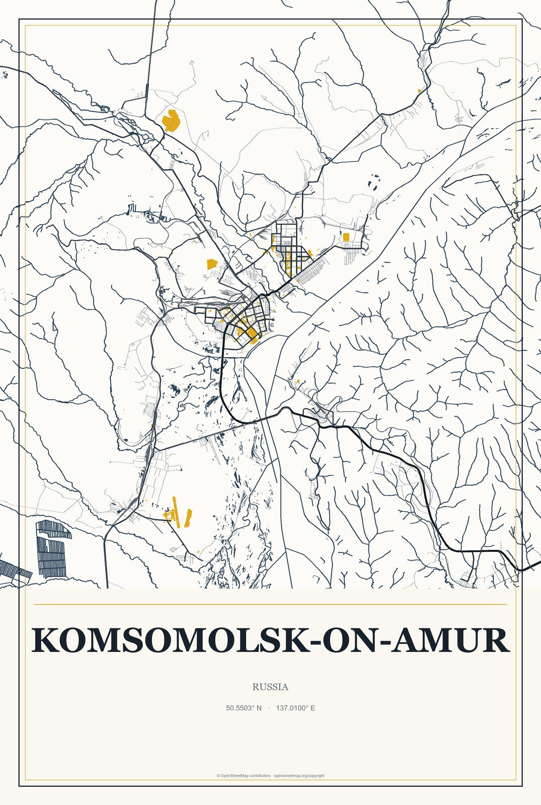 Komsomolsk-on-Amur, Russia City Map Aluminum Sign in Citrine Modern style