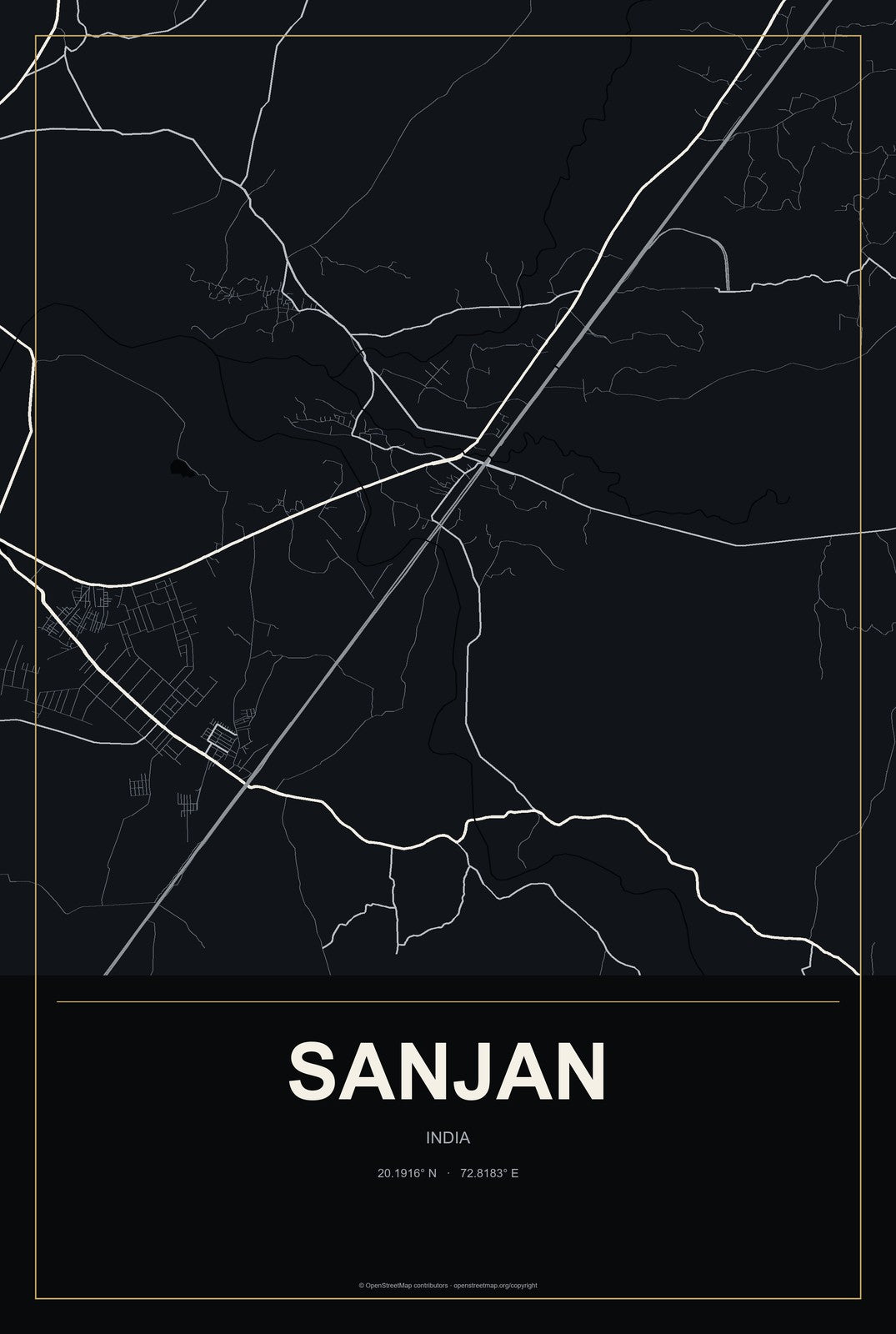 Sanjan, India City Map Aluminum Sign in Metropolitan Noir style