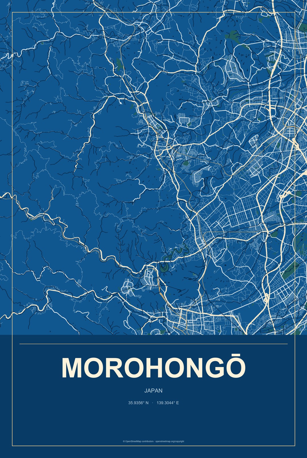 Morohongō, Japan City Map Aluminum Sign in Harbor Cobalt style