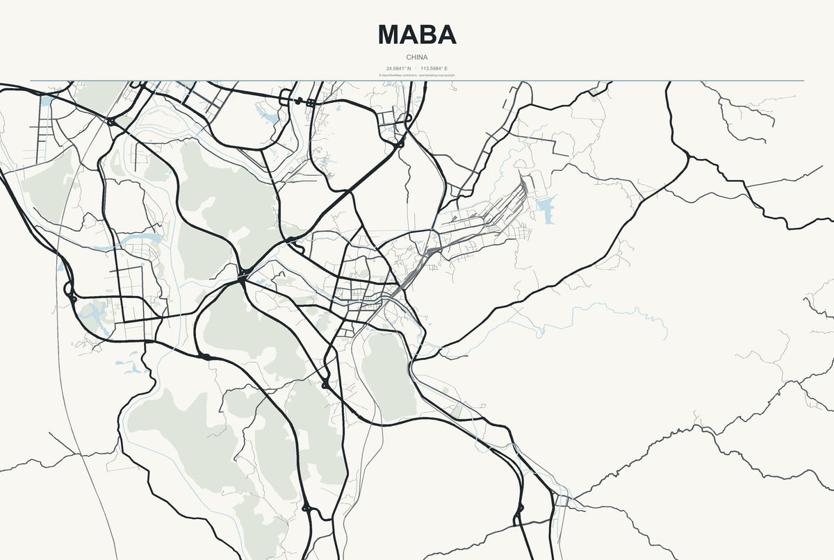 Maba, China City Map Aluminum Sign in Headline Atlas style