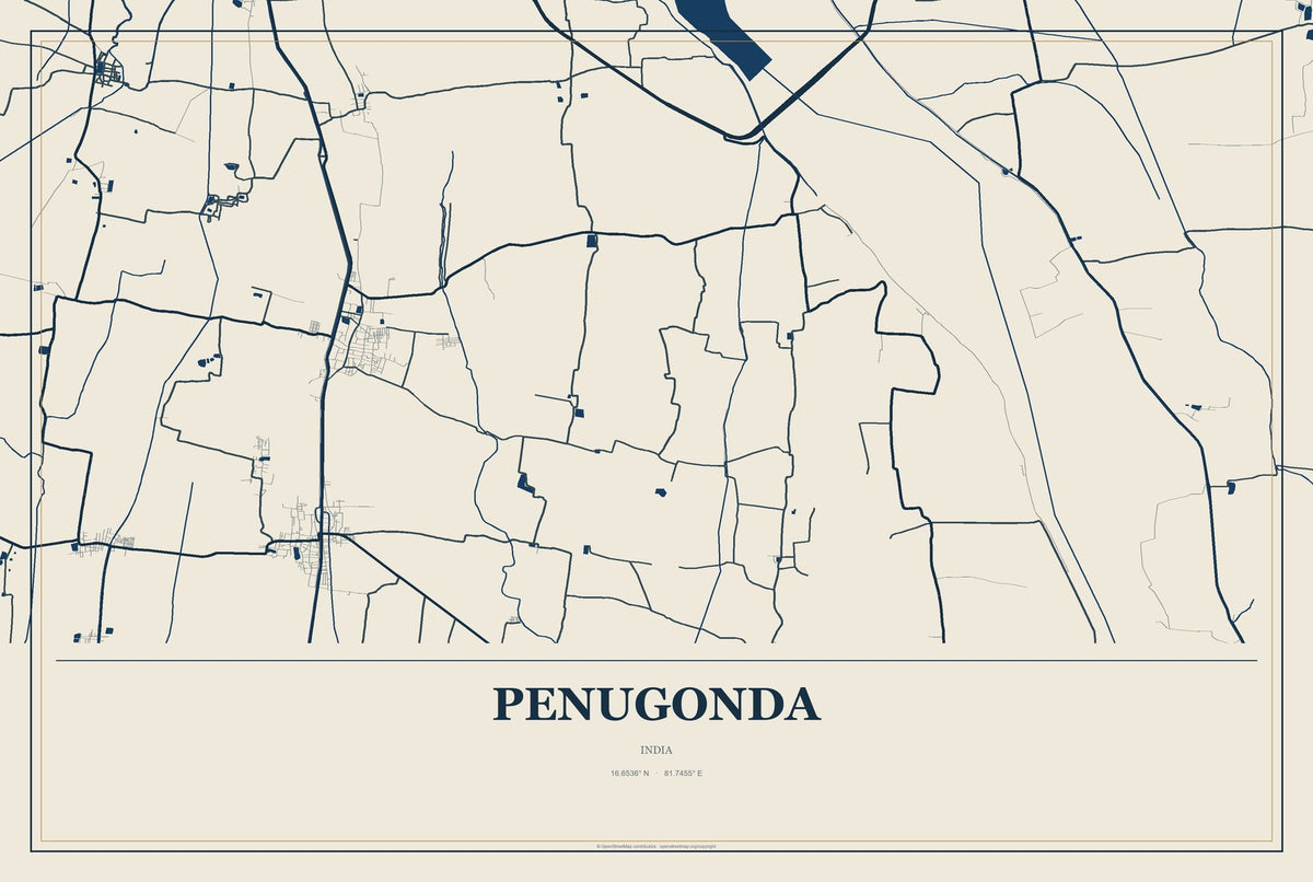 Penugonda, India City Map Aluminum Sign in Coastal Cutout style