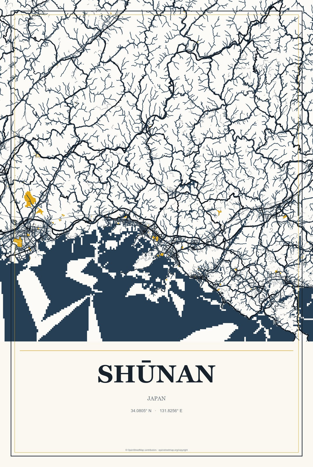 Shūnan, Japan City Map Aluminum Sign in Citrine Modern style