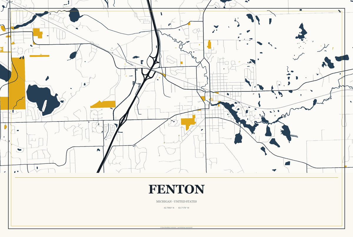Fenton, Michigan City Map Aluminum Sign in Citrine Modern style