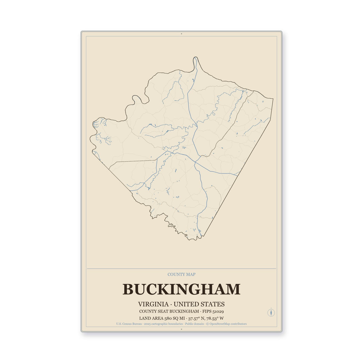 Buckingham County, Virginia Map Aluminum Sign in Heritage Nautical style