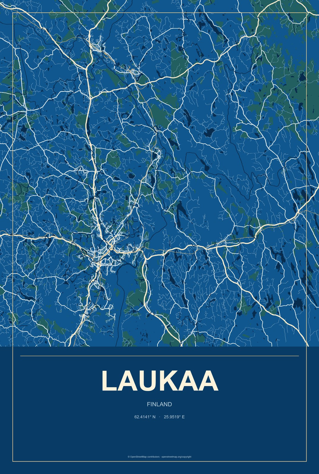 Laukaa, Finland City Map Aluminum Sign in Harbor Cobalt style