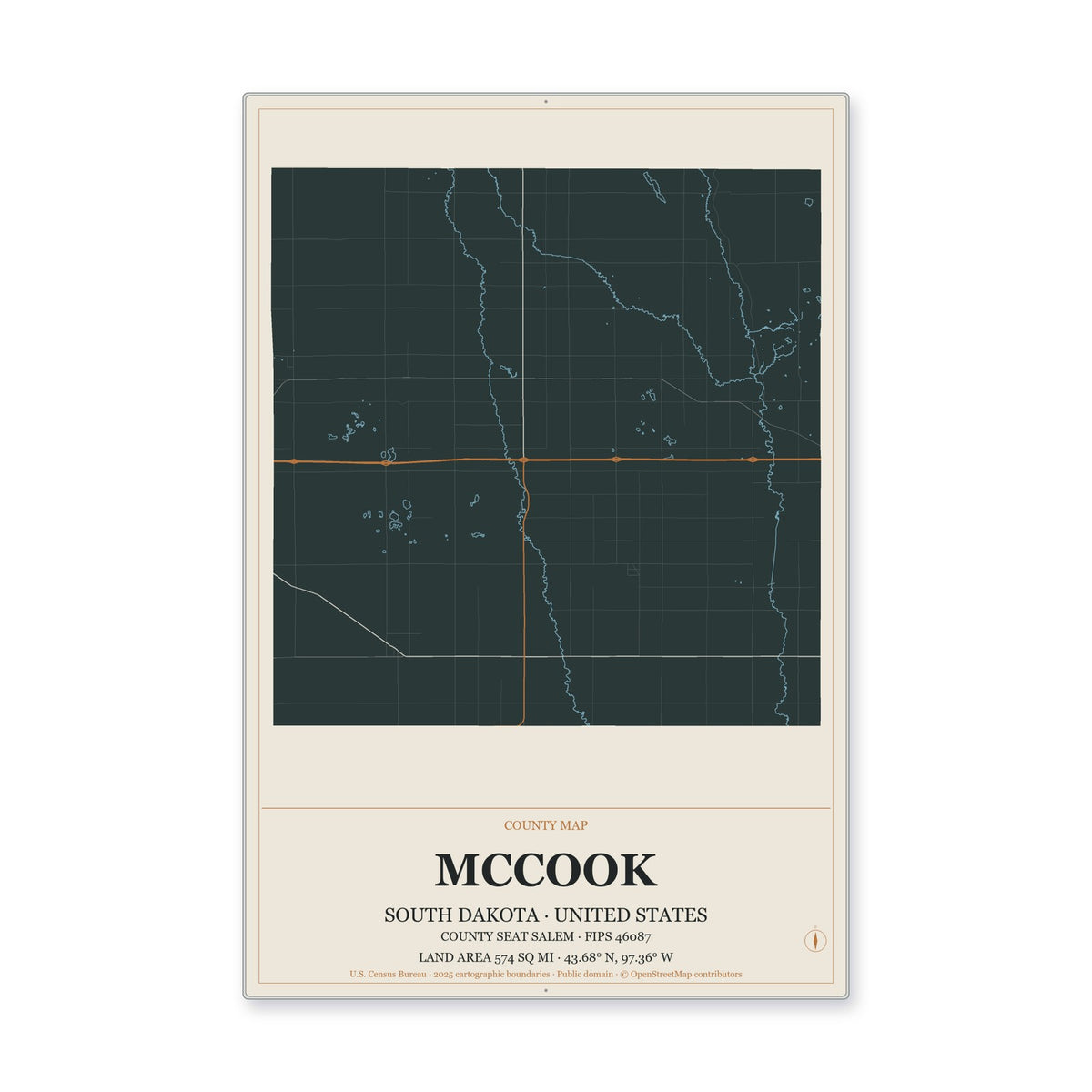 McCook County, South Dakota Map Aluminum Sign in Headline Atlas style