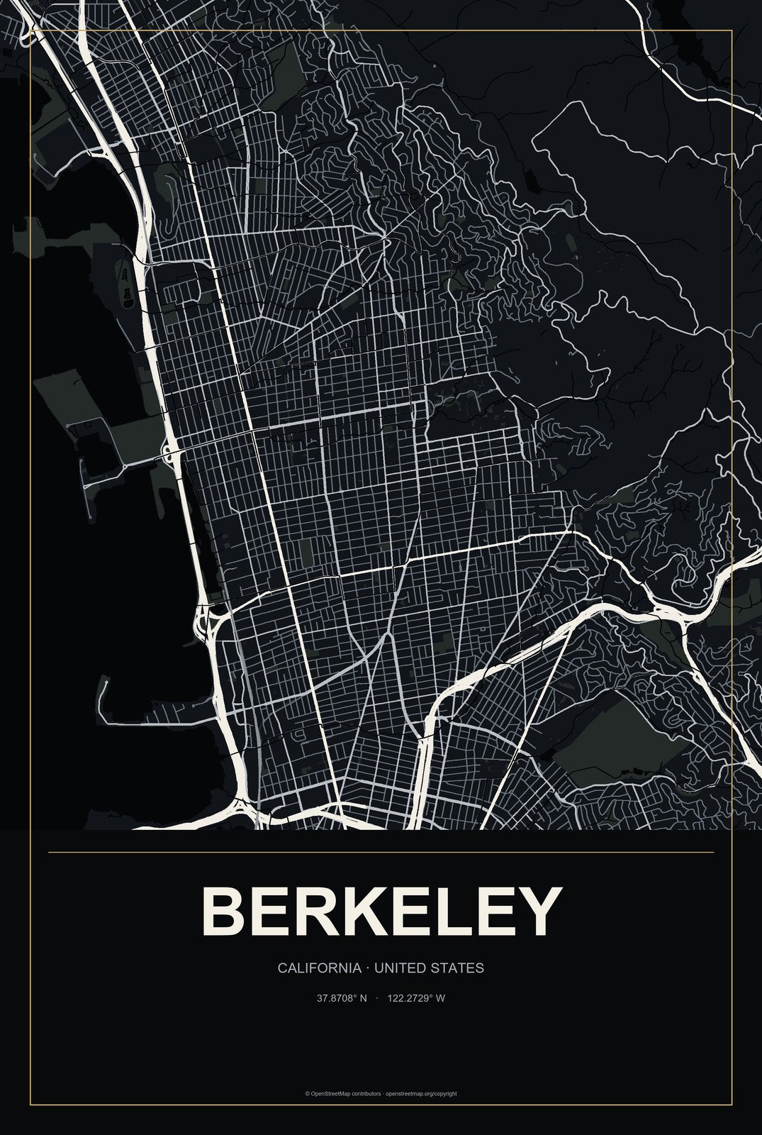 Berkeley, California City Map Aluminum Sign in Metropolitan Noir style