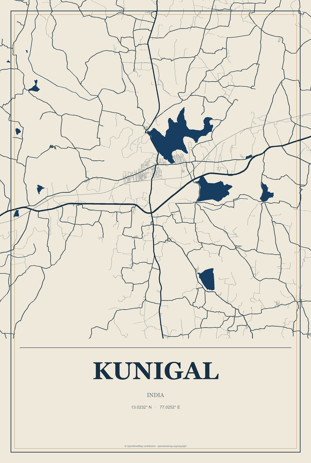 Kunigal, India City Map Aluminum Sign in Coastal Cutout style