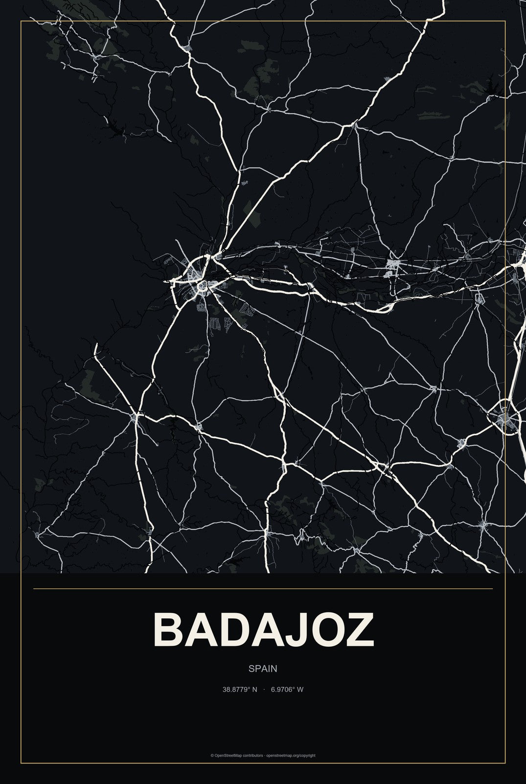 Badajoz, Spain City Map Aluminum Sign in Metropolitan Noir style