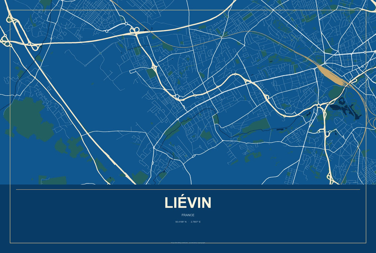 Liévin, France City Map Aluminum Sign in Harbor Cobalt style
