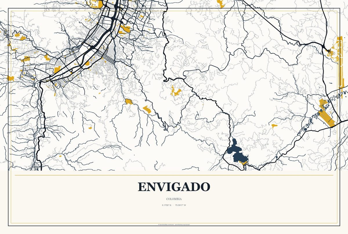 Envigado, Colombia City Map Aluminum Sign in Citrine Modern style