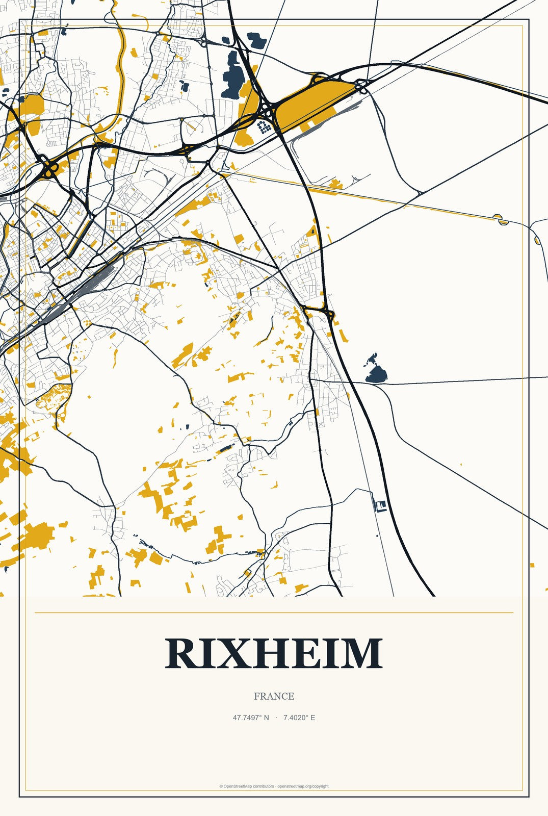 Rixheim, France City Map Aluminum Sign in Citrine Modern style