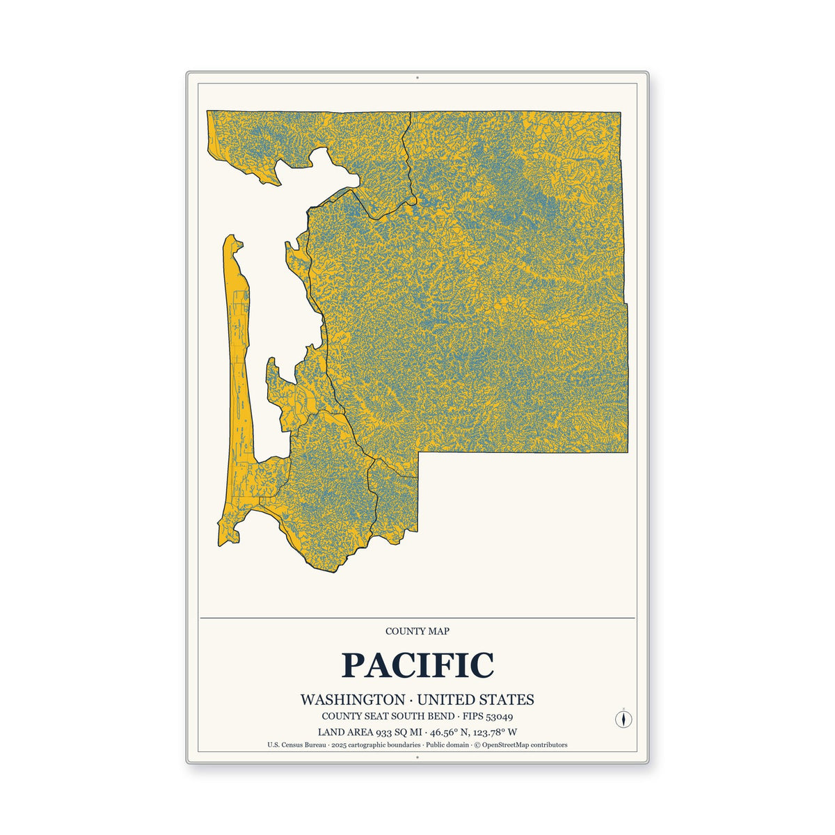 Pacific County, Washington Map Aluminum Sign in Citrine Modern style