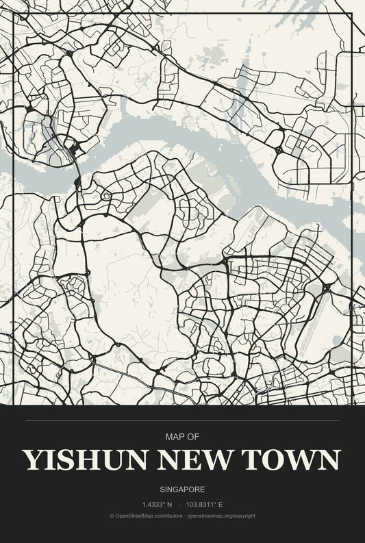 Yishun New Town, Singapore City Map Aluminum Sign in Museum Plaque style