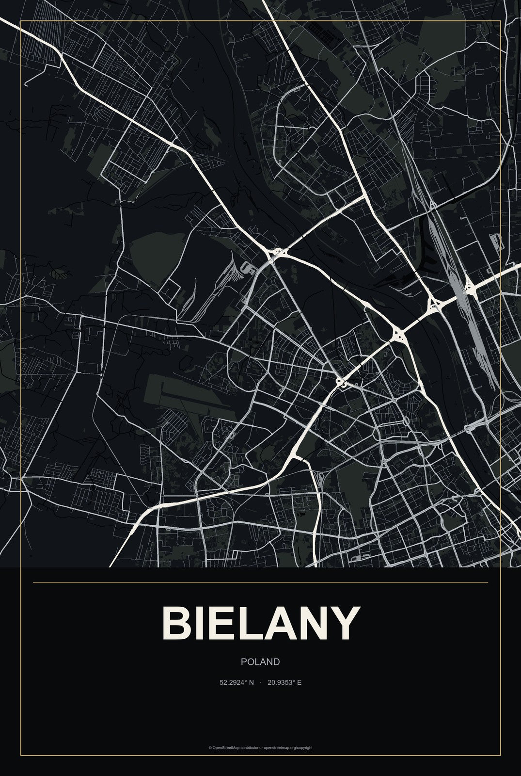 Bielany, Poland City Map Aluminum Sign in Metropolitan Noir style