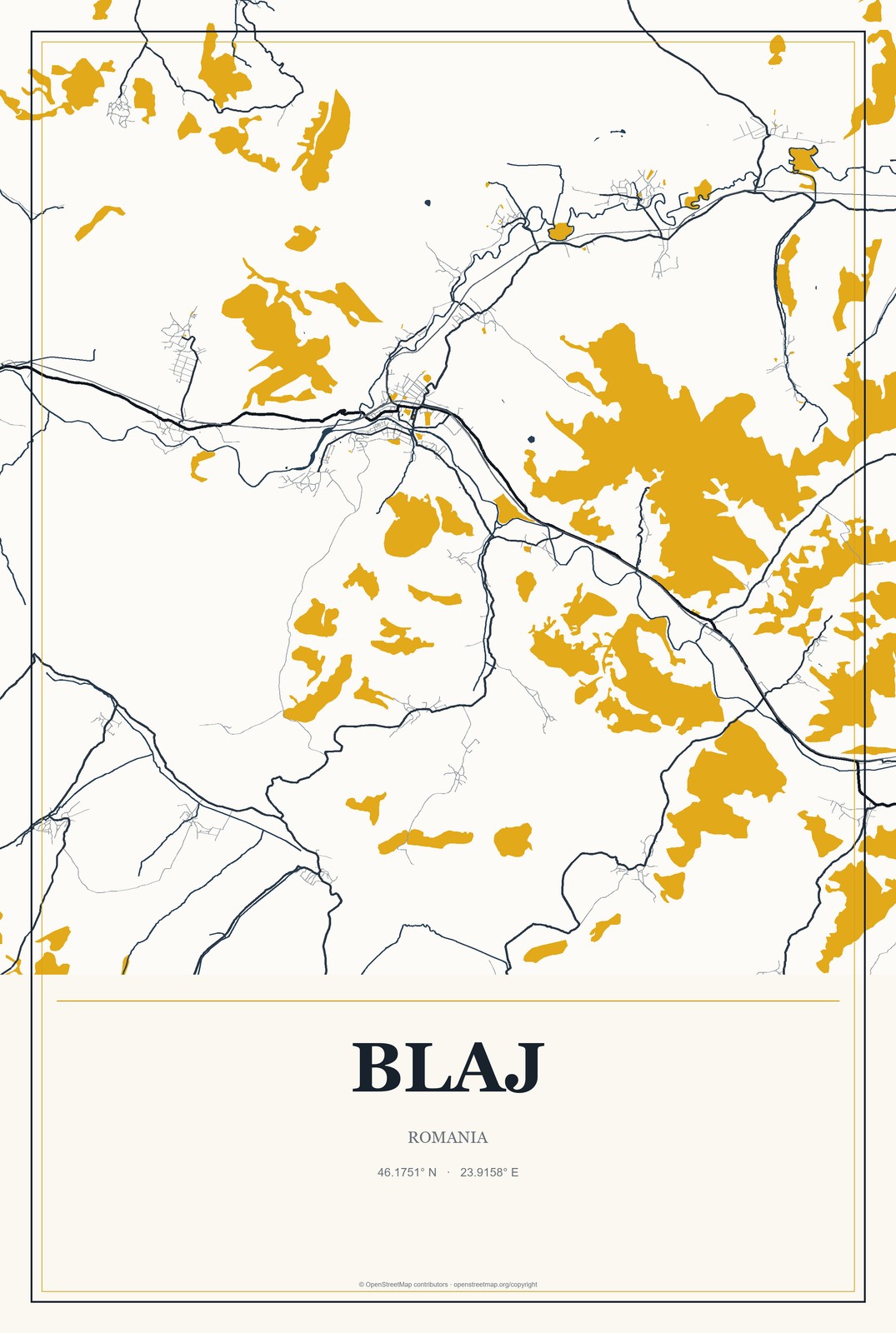 Blaj, Romania City Map Aluminum Sign in Citrine Modern style