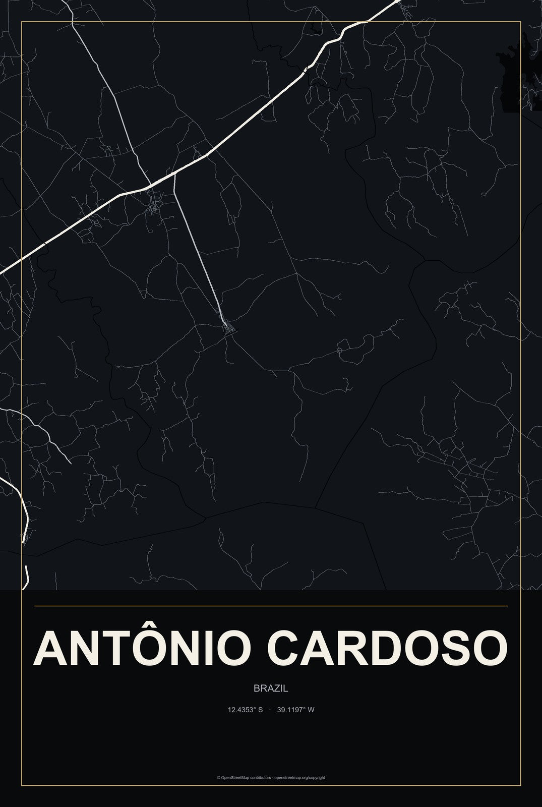 Antônio Cardoso, Brazil City Map Aluminum Sign in Metropolitan Noir style