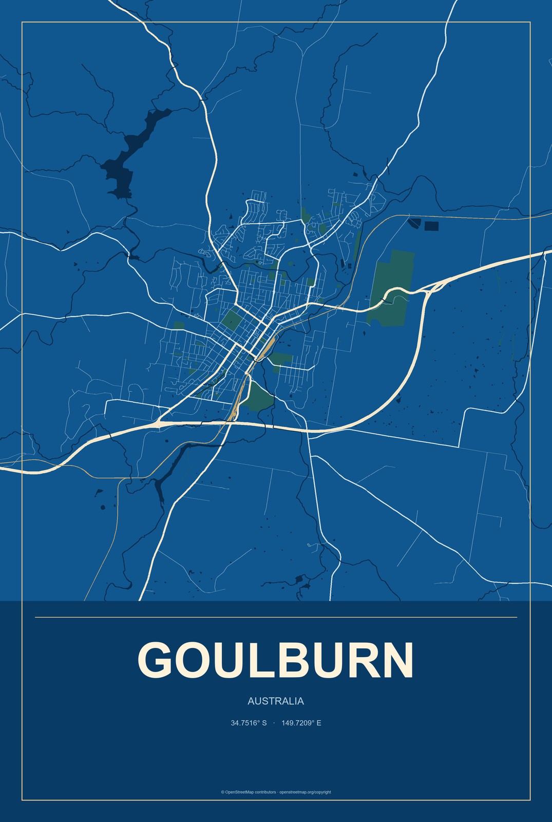 Goulburn, Australia City Map Aluminum Sign in Harbor Cobalt style
