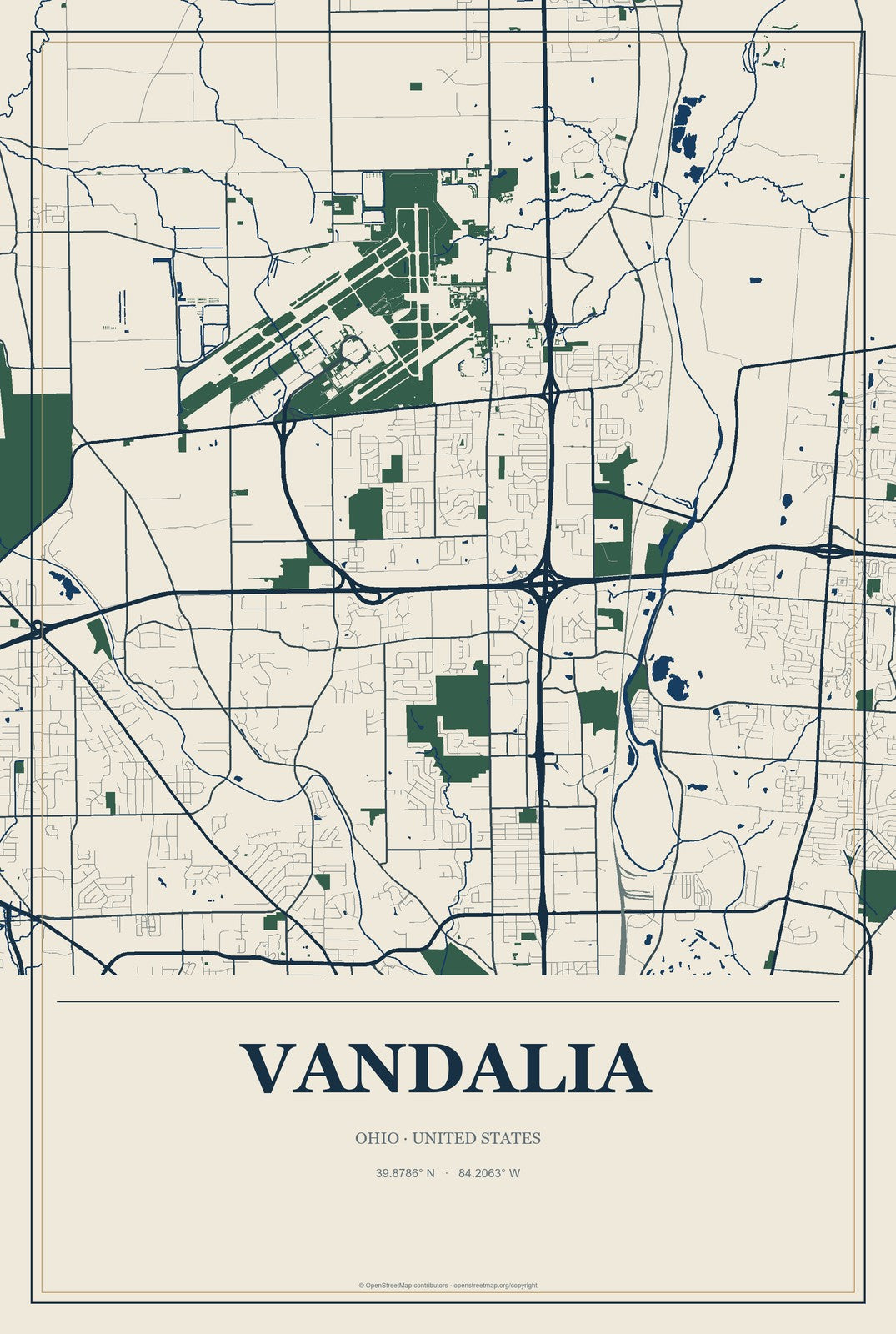 Vandalia, Ohio City Map Aluminum Sign in Coastal Cutout style