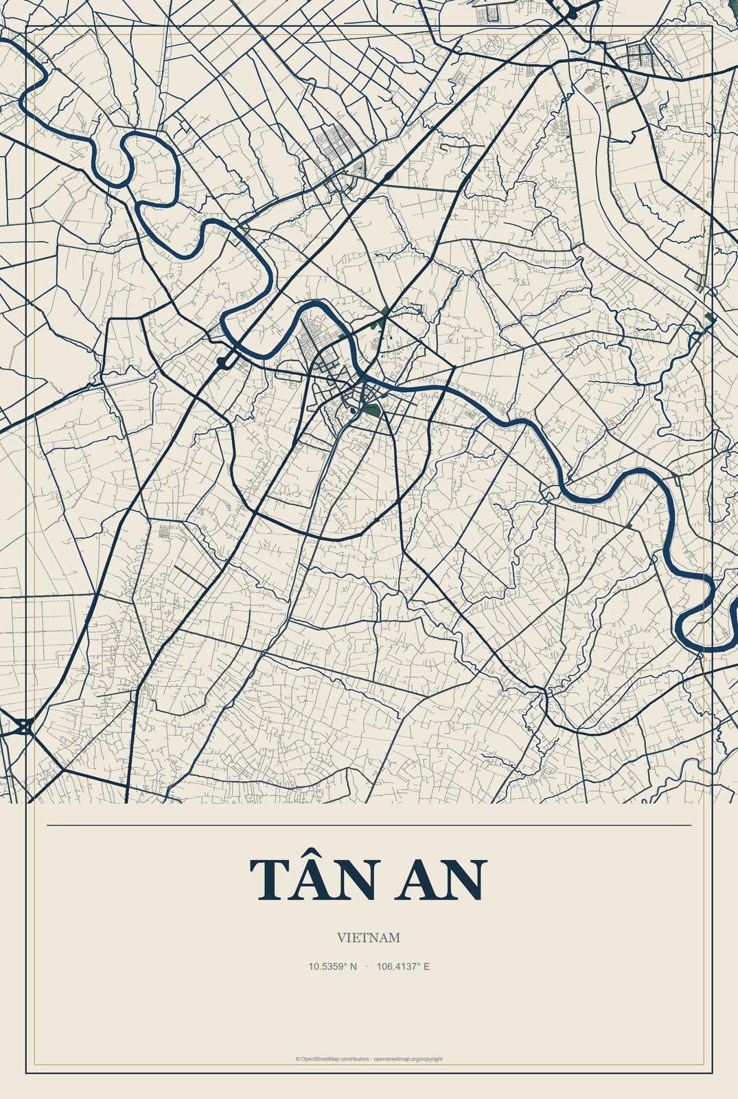 Tân An, Vietnam City Map Aluminum Sign in Coastal Cutout style