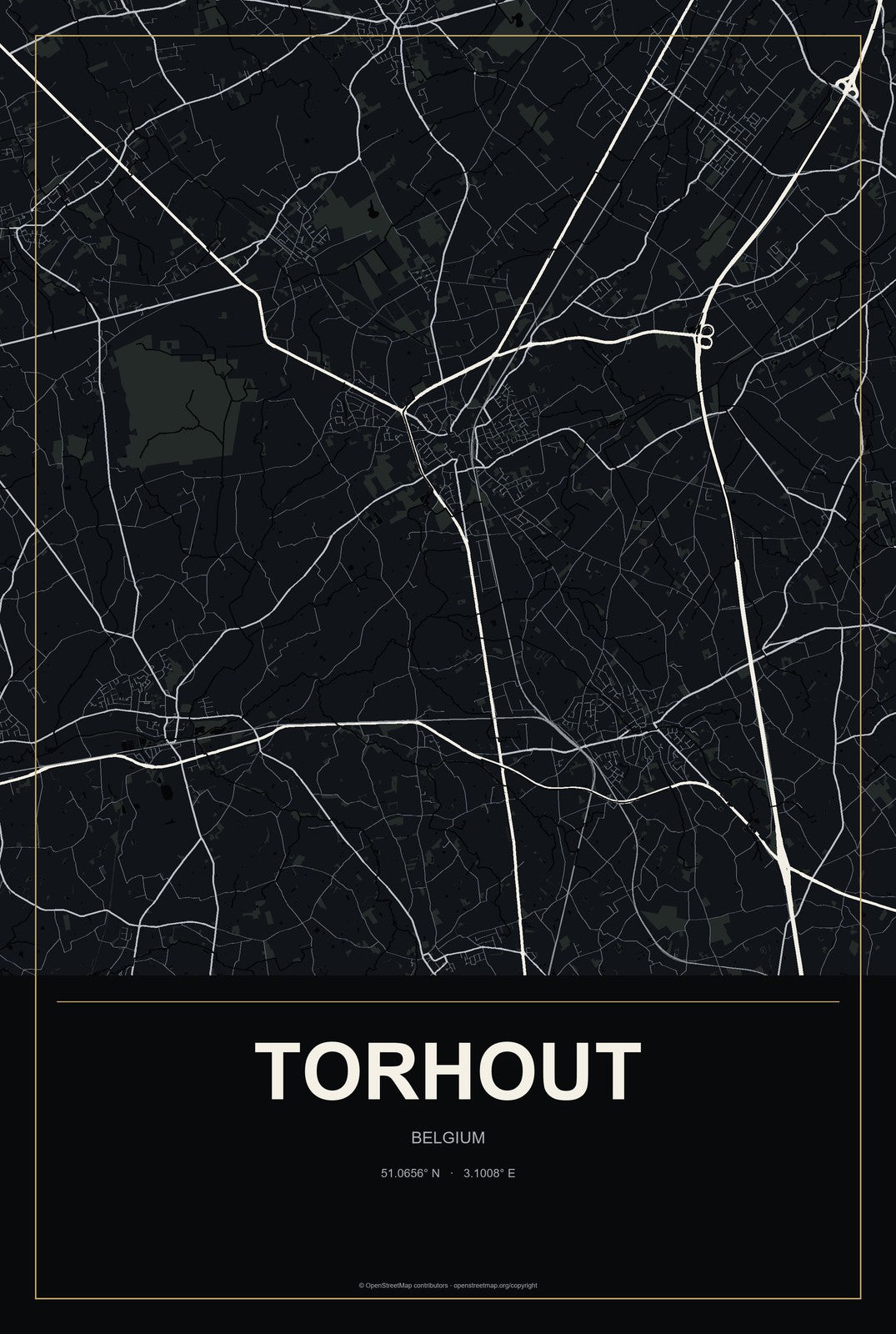 Torhout, Belgium City Map Aluminum Sign in Metropolitan Noir style