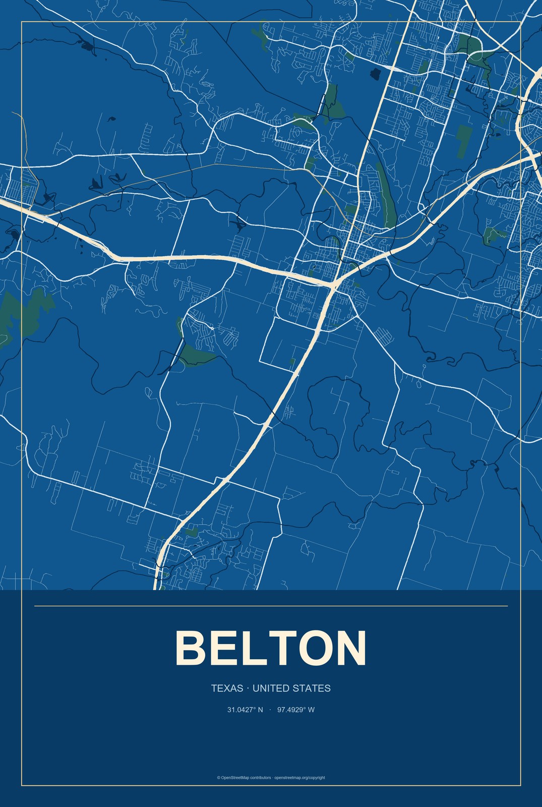 Belton, Texas City Map Aluminum Sign in Harbor Cobalt style
