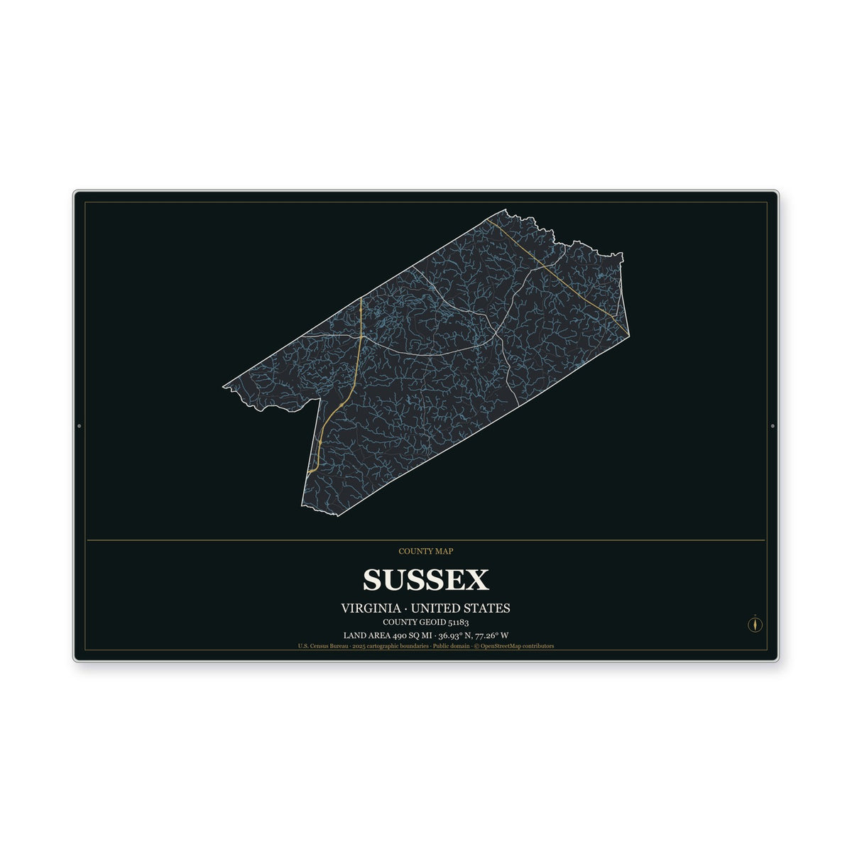 Sussex County, Virginia Map Aluminum Sign in Metropolitan Noir style