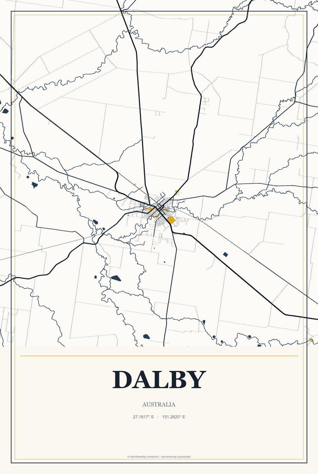 Dalby, Australia City Map Aluminum Sign in Citrine Modern style
