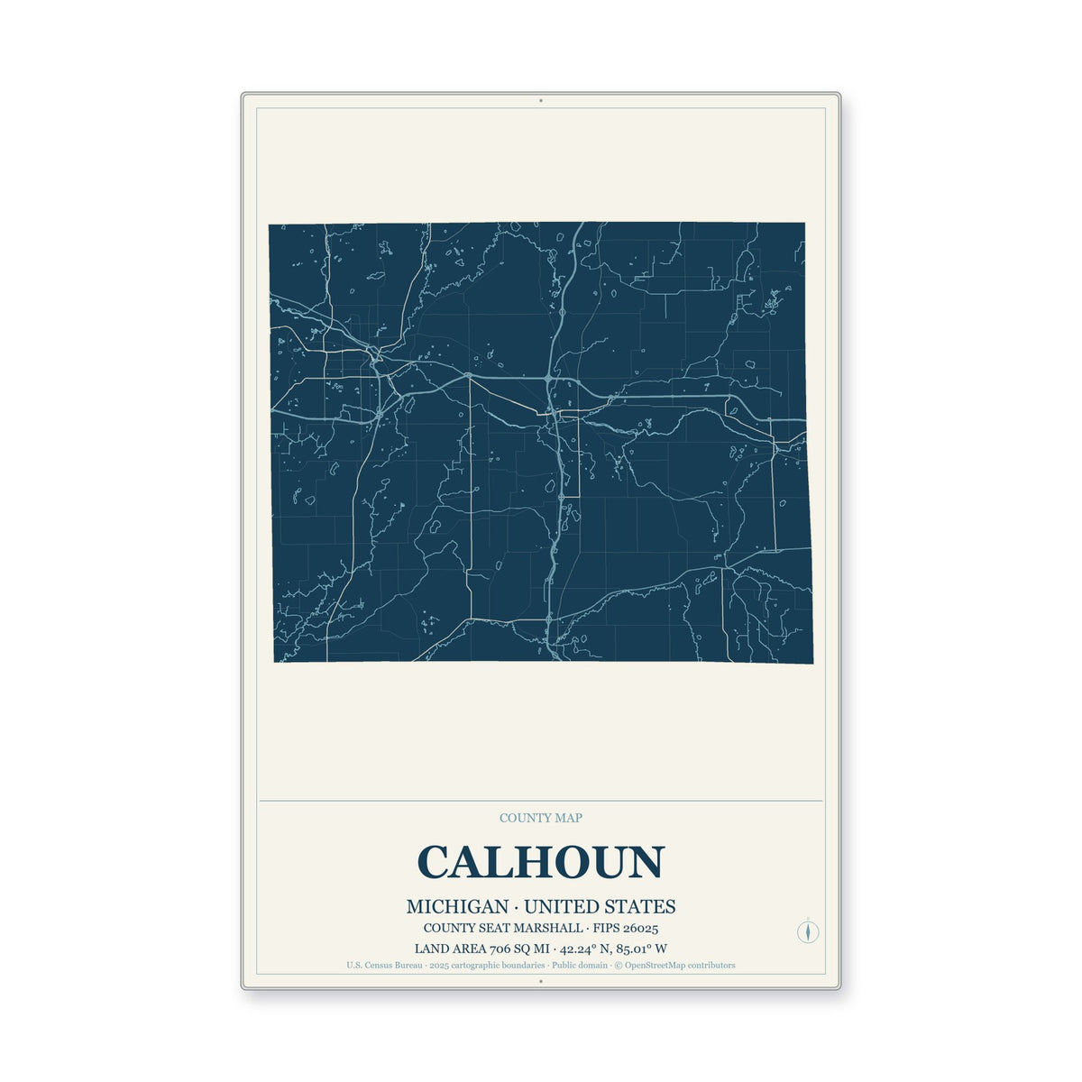 Calhoun County, Michigan Map Aluminum Sign in Coastal Cutout style