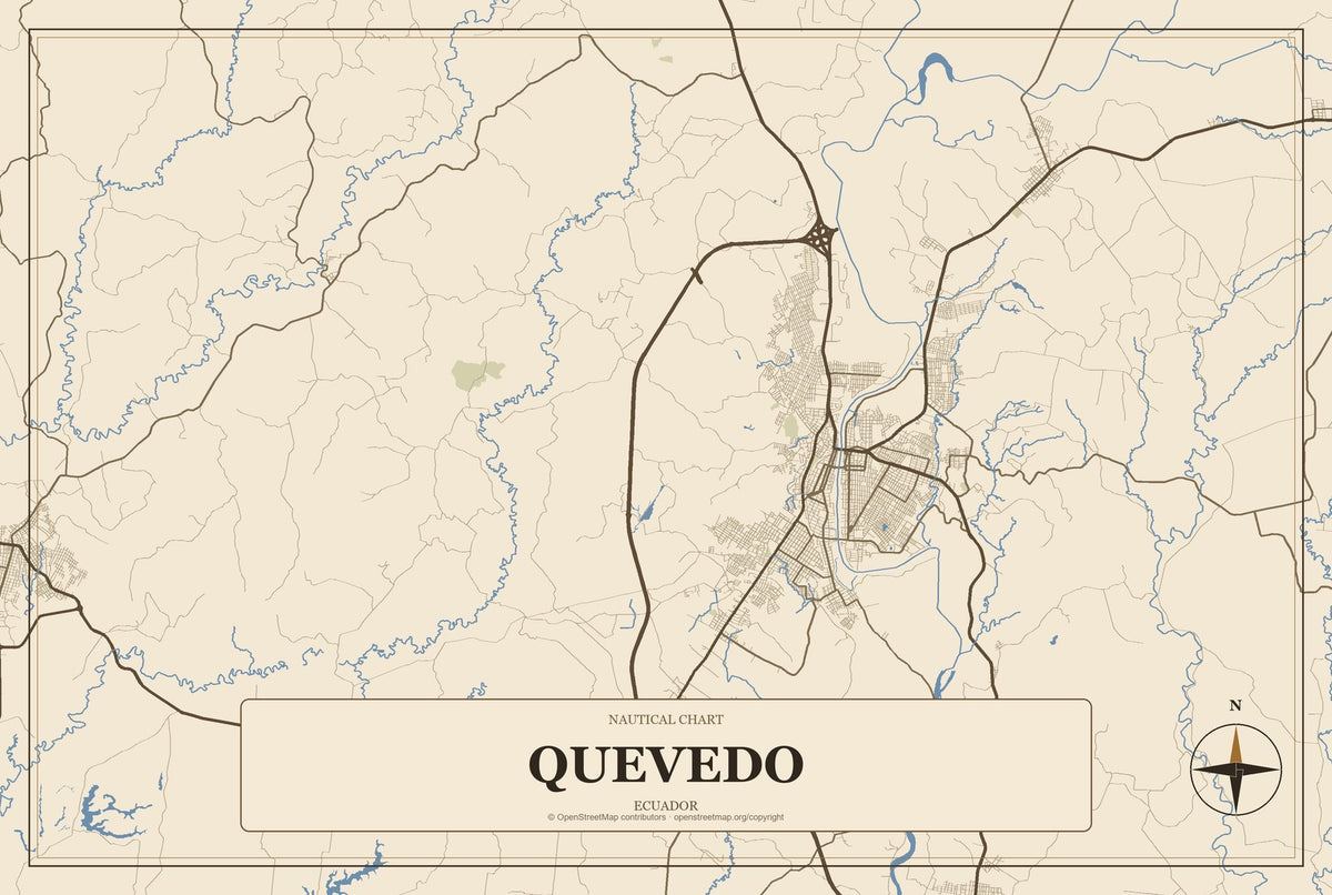 Quevedo, Ecuador City Map Aluminum Sign in Heritage Nautical style