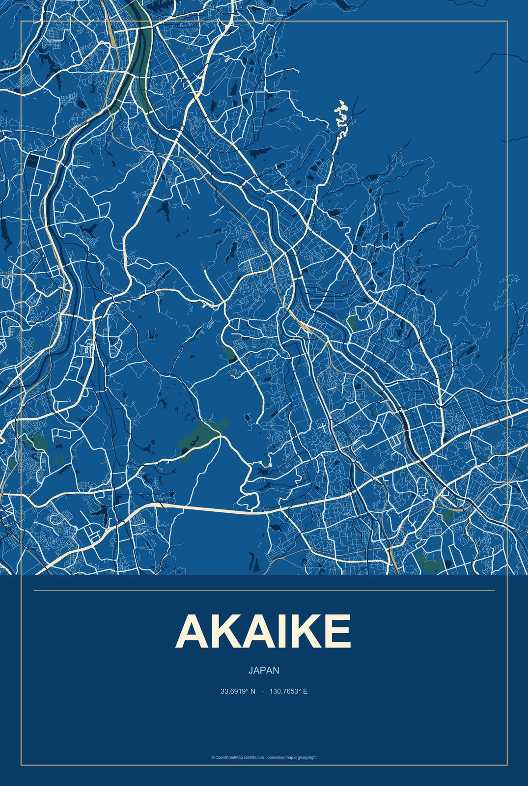 Akaike, Japan City Map Aluminum Sign in Harbor Cobalt style